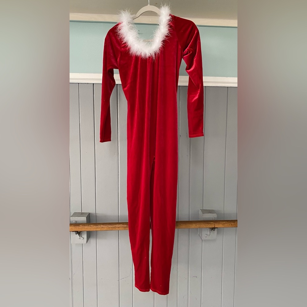 Red Santa Jumpsuit Dance Costume Unitard with White Fur Trim